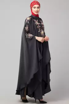 Dark Grey Premium Shine Nida front and sleeve resham embroidery Irani Kaftan