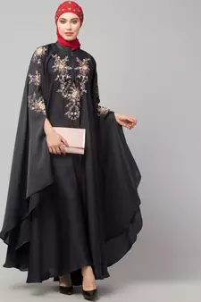 Dark Grey Premium Shine Nida front and sleeve resham embroidery Irani Kaftan