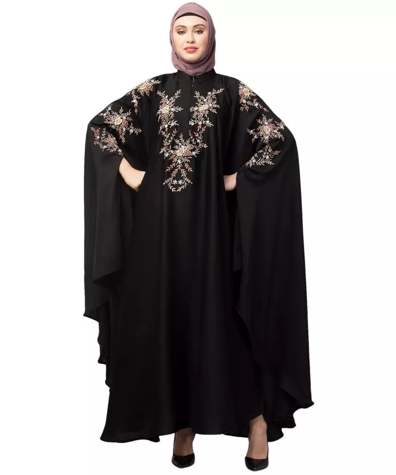 Black Premium Shine Nida front and sleeve resham embroidery Irani Kaftan