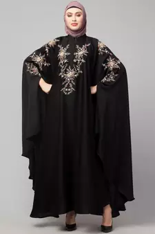 Black Premium Shine Nida front and sleeve resham embroidery Irani Kaftan