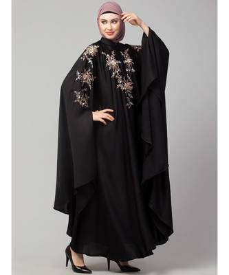 Black Premium Shine Nida front and sleeve resham embroidery Irani Kaftan 5