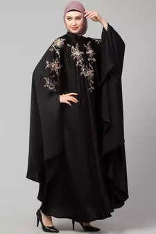 Black Premium Shine Nida front and sleeve resham embroidery Irani Kaftan