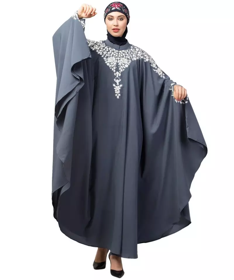 Grey Matt Nida Front to back & at hand opening Resham Embroidery Irani Kaftan