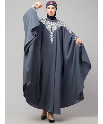 Grey Matt Nida Front to back & at hand opening Resham Embroidery Irani Kaftan 2