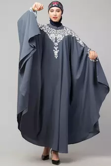 Grey Matt Nida Front to back & at hand opening Resham Embroidery Irani Kaftan