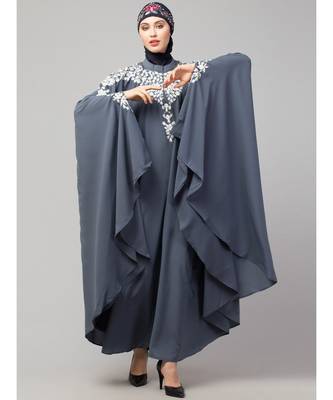Grey Matt Nida Front to back & at hand opening Resham Embroidery Irani Kaftan 3