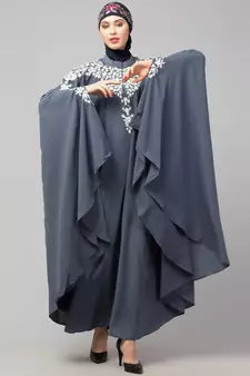 Grey Matt Nida Front to back & at hand opening Resham Embroidery Irani Kaftan