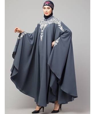 Grey Matt Nida Front to back & at hand opening Resham Embroidery Irani Kaftan 4