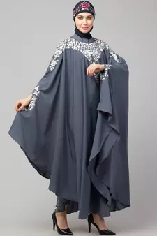 Grey Matt Nida Front to back & at hand opening Resham Embroidery Irani Kaftan