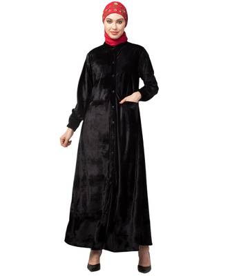Black Velvet Front open Coat pocket Velvet casual Abaya 1