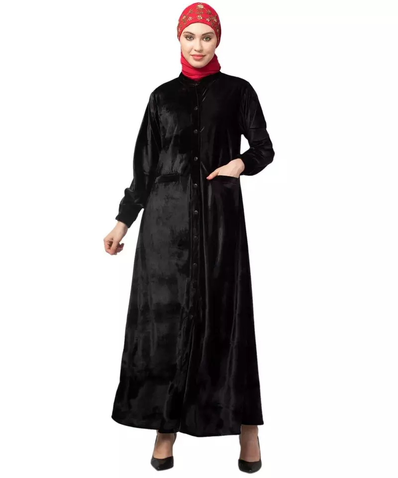 Black Velvet Front open Coat pocket Velvet casual Abaya