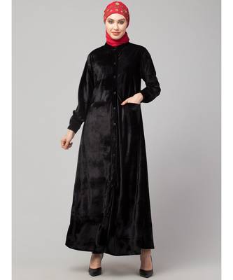 Black Velvet Front open Coat pocket Velvet casual Abaya 2