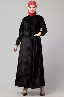 Black Velvet Front open Coat pocket Velvet casual Abaya
