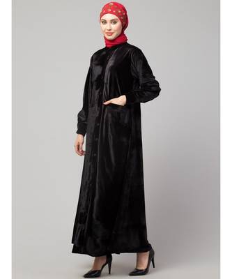 Black Velvet Front open Coat pocket Velvet casual Abaya 3