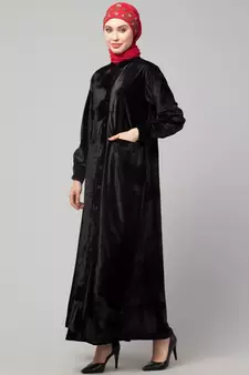 Black Velvet Front open Coat pocket Velvet casual Abaya