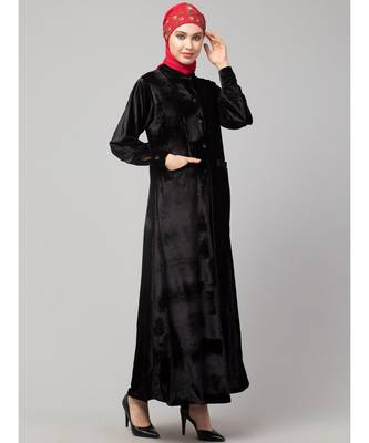 Black Velvet Front open Coat pocket Velvet casual Abaya 4