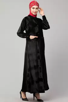 Black Velvet Front open Coat pocket Velvet casual Abaya