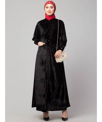 Black Velvet Front open Coat pocket Velvet casual Abaya 6