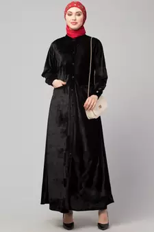 Black Velvet Front open Coat pocket Velvet casual Abaya