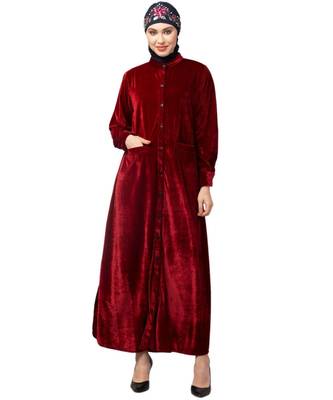 Maroon Velvet Front open Coat pocket Velvet casual Abaya 1