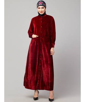 Maroon Velvet Front open Coat pocket Velvet casual Abaya 2