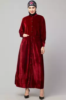 Maroon Velvet Front open Coat pocket Velvet casual Abaya