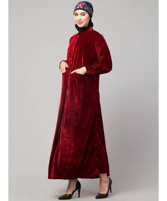 Maroon Velvet Front open Coat pocket Velvet casual Abaya 3