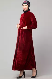 Maroon Velvet Front open Coat pocket Velvet casual Abaya