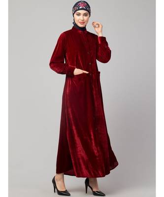 Maroon Velvet Front open Coat pocket Velvet casual Abaya 4