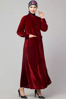 Maroon Velvet Front open Coat pocket Velvet casual Abaya