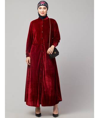 Maroon Velvet Front open Coat pocket Velvet casual Abaya 6