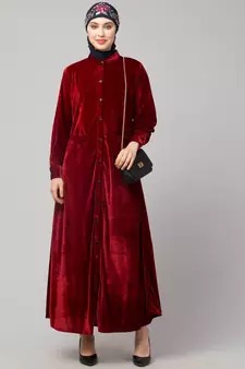 Maroon Velvet Front open Coat pocket Velvet casual Abaya