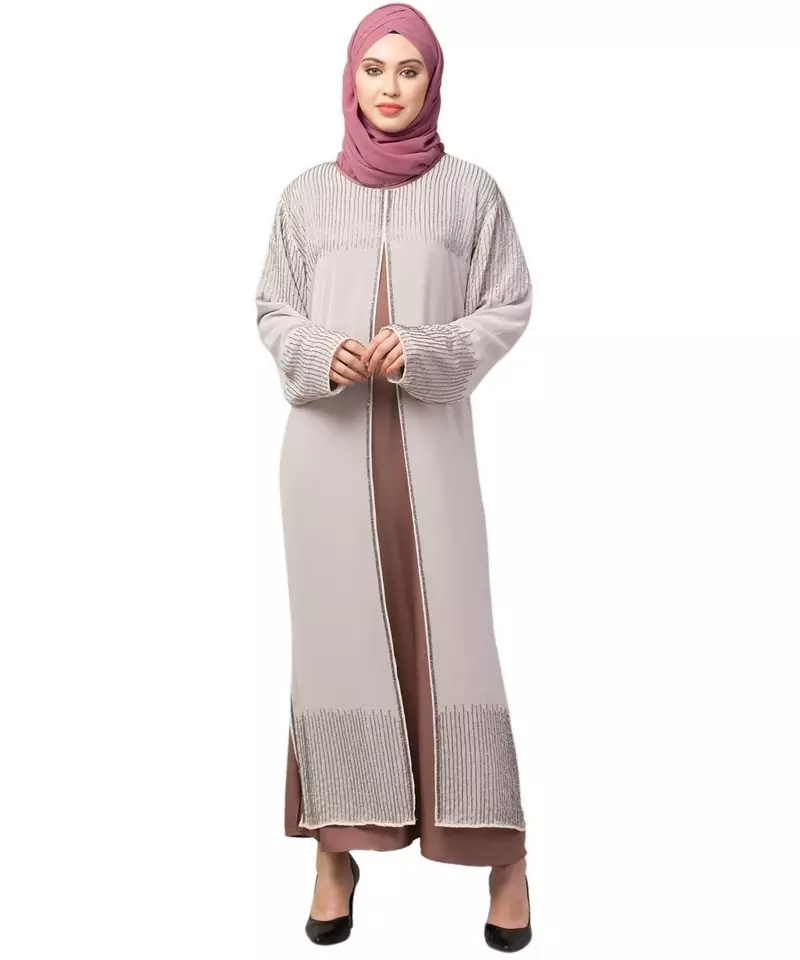 Lt. Pink/Skin Upper Georgette Inner Premium Sine Nida Two Layers Hand work Party Wear Abaya