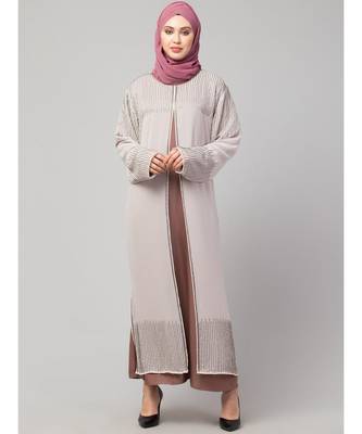 Lt. Pink/Skin Upper Georgette Inner Premium Sine Nida Two Layers Hand work Party Wear Abaya 3