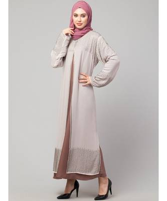 Lt. Pink/Skin Upper Georgette Inner Premium Sine Nida Two Layers Hand work Party Wear Abaya 5