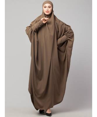 Khaki / Beige Matt Nida Head to toe long cuff ready to wear one pc hijab with Naqab 3