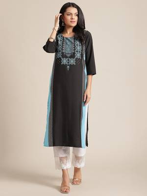 varanga black and blue geometric printed straight kurta with 3/4th sleeves. 1
