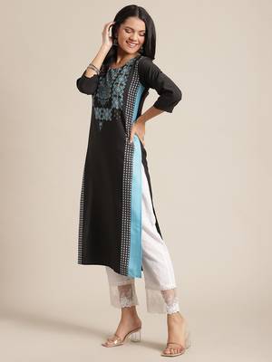 varanga black and blue geometric printed straight kurta with 3/4th sleeves. 3