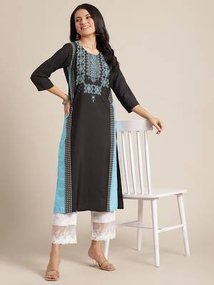 varanga black and blue geometric printed straight kurta with 3/4th sleeves. 5