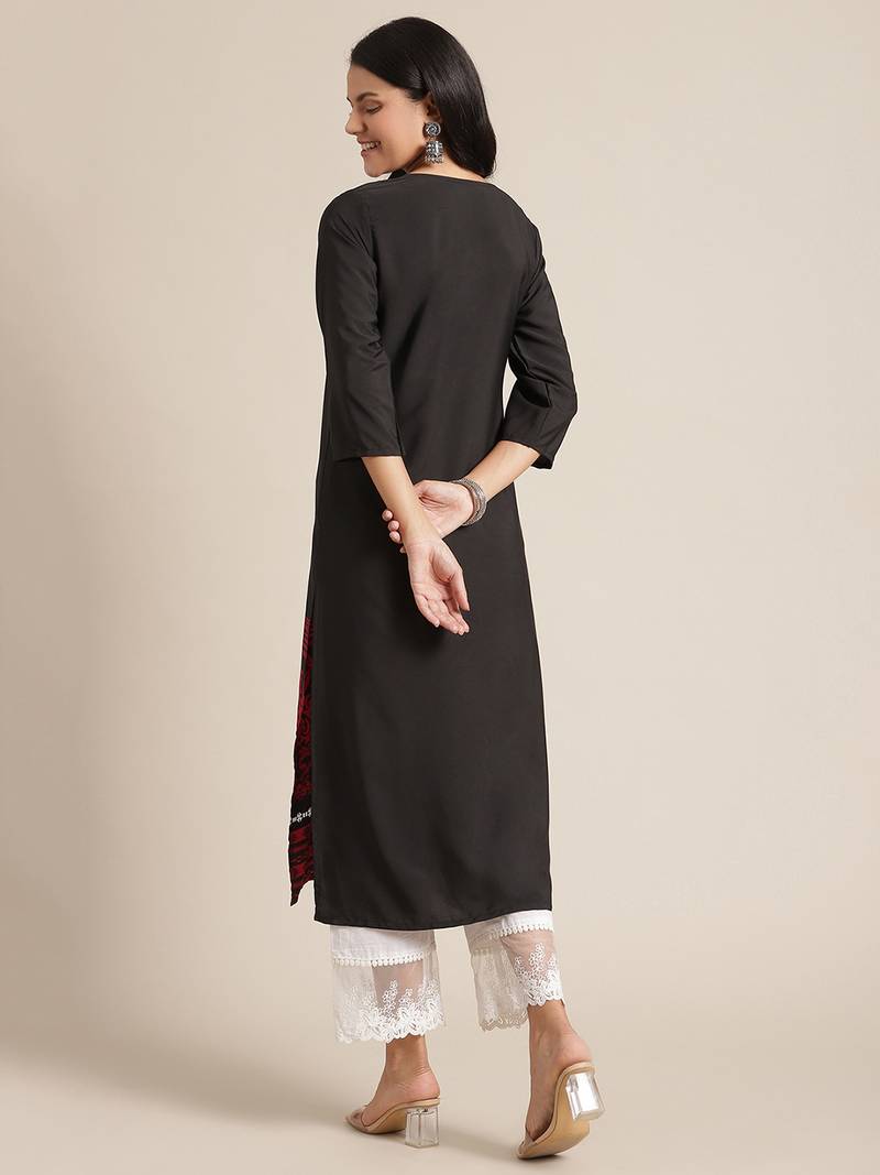 varanga black and red floral printed straight kurta with 3/4th sleeves.