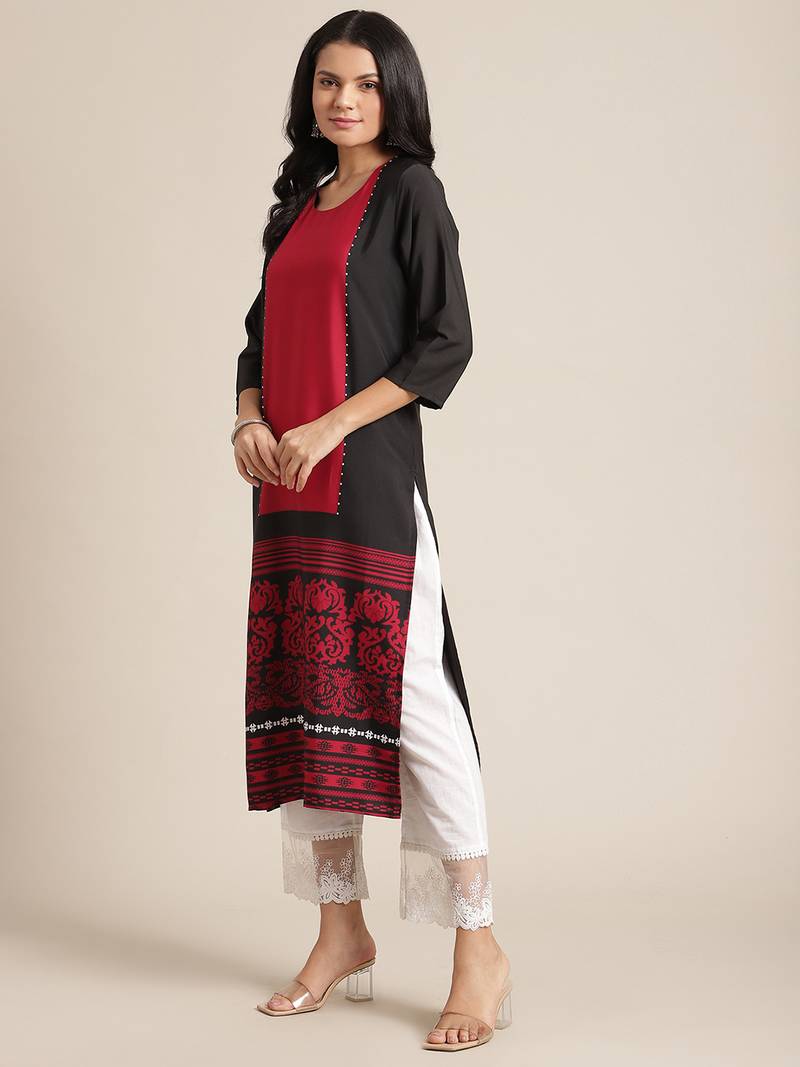 varanga black and red floral printed straight kurta with 3/4th sleeves.