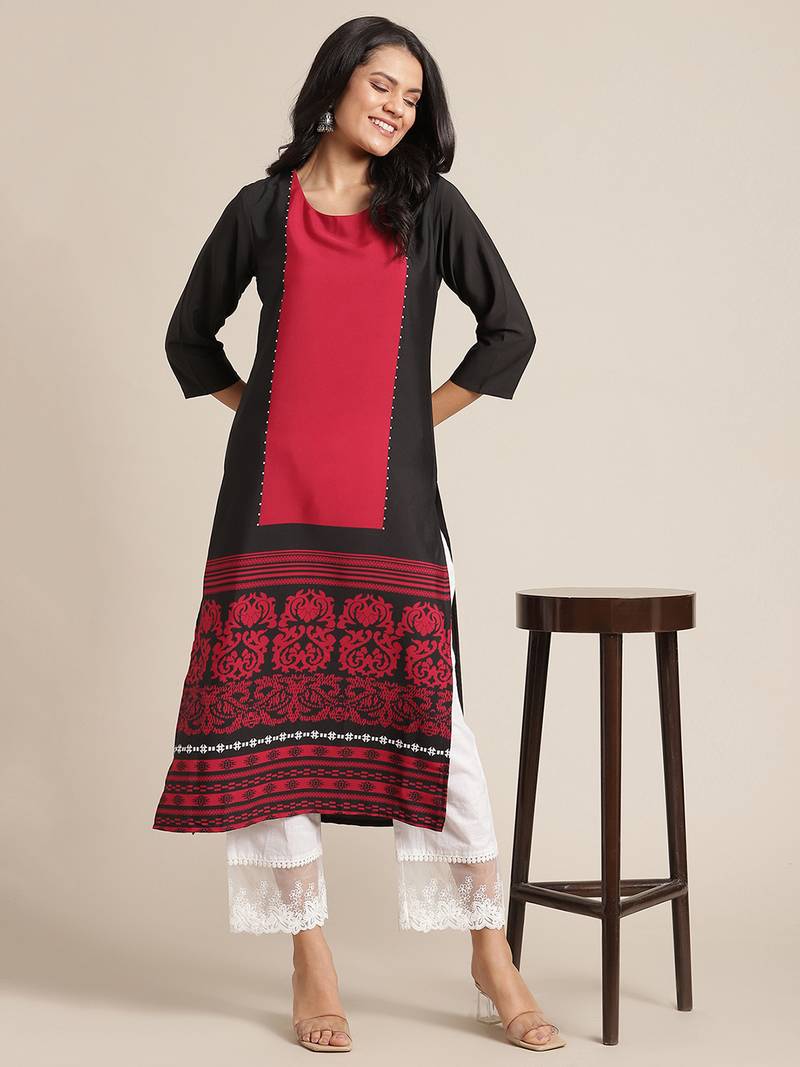 varanga black and red floral printed straight kurta with 3/4th sleeves.