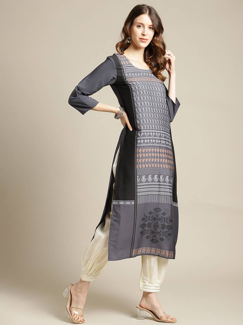 varanga Black Paisley Panel Printed Straight Kurta.