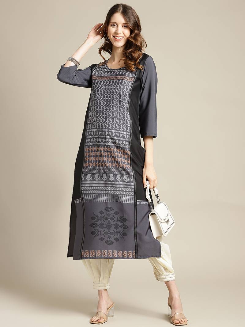 varanga Black Paisley Panel Printed Straight Kurta.