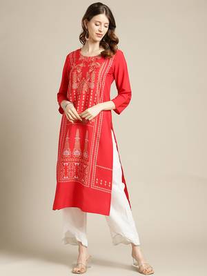 varanga Red And White Floral Panel Printed Straight Kurta. 1