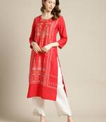 varanga Red And White Floral Panel Printed Straight Kurta.
