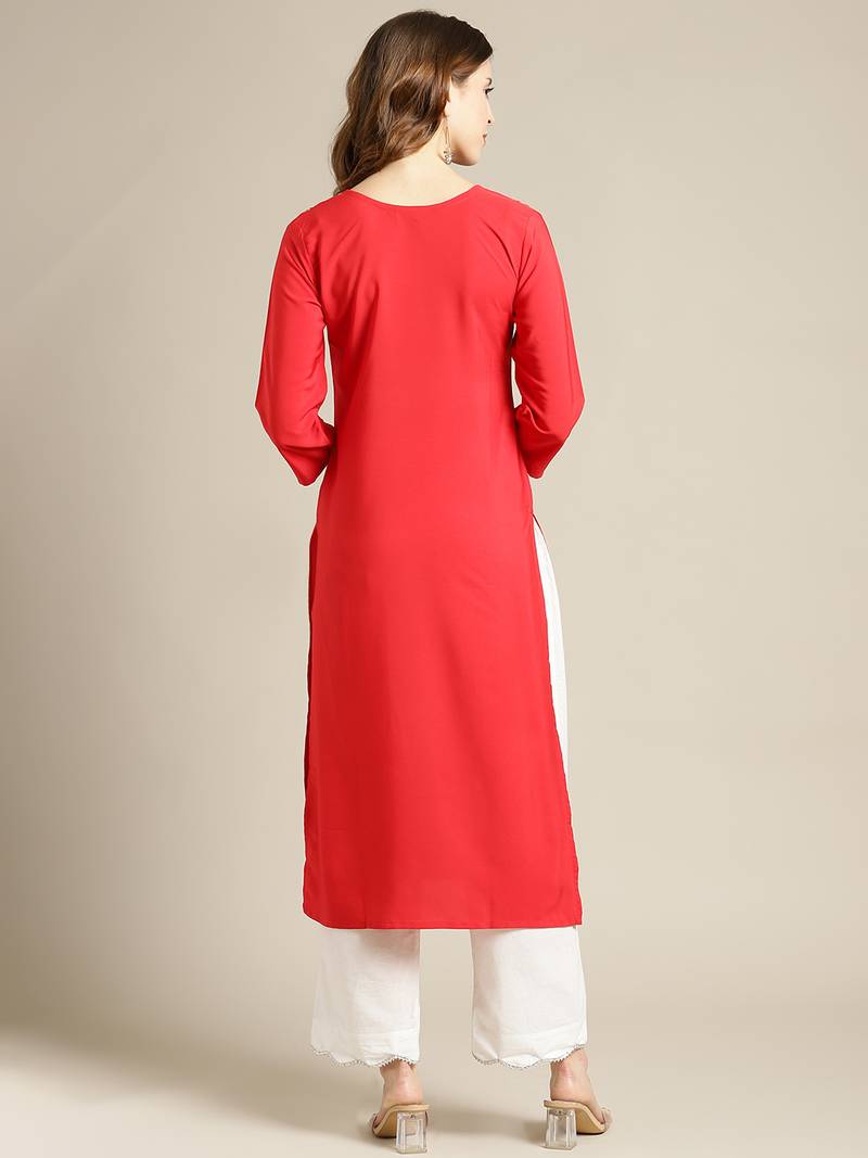 varanga Red And White Floral Panel Printed Straight Kurta.