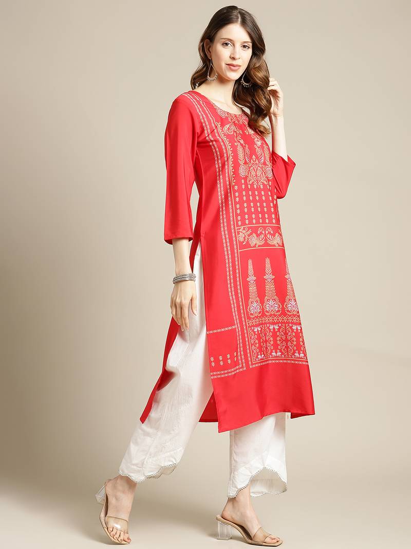 varanga Red And White Floral Panel Printed Straight Kurta.