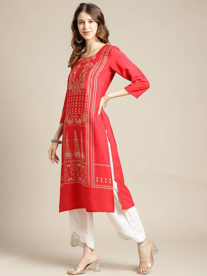 varanga Red And White Floral Panel Printed Straight Kurta.