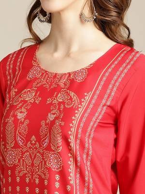 varanga Red And White Floral Panel Printed Straight Kurta. 5